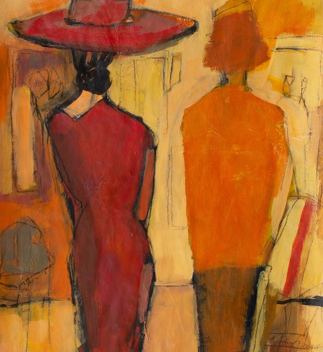 Ute Hausfeld | Galeriebesuch | 2021 | Acryl, Kohlestift auf Papier | 47,5 x 44 cm