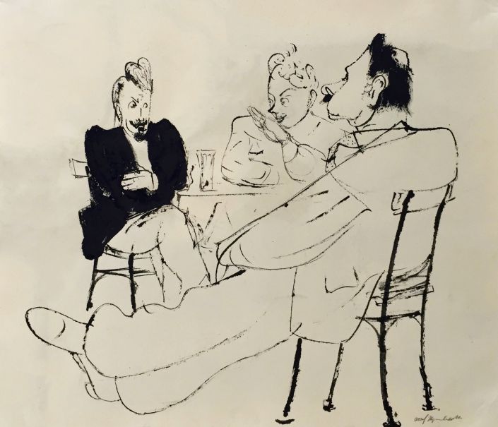 Josef Hegenbarth | Conversation at a Café Shop | ink drawing | signed | 20.5 x 23.4