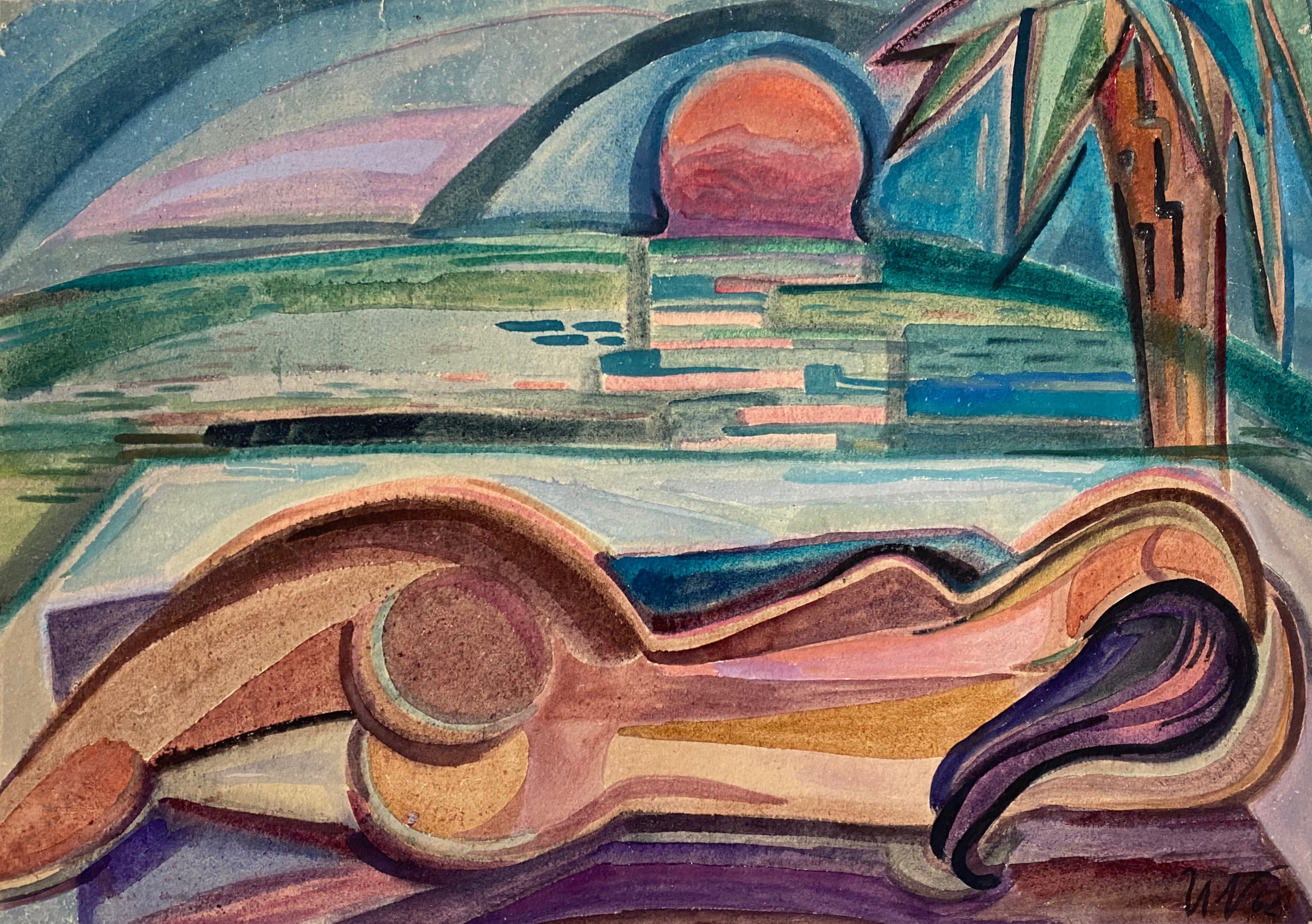 Ulrich Neujahr | Auf dem Dach | 1962 | Aquarell | monogrammiert u. datiert | 41,8 x 59 cm